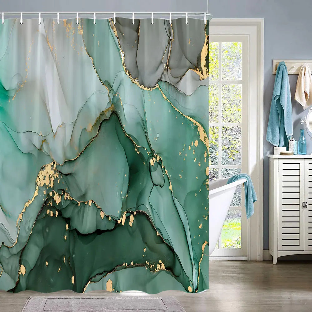 A teal and gold marble abstract fluid texture shower curtain featuring marbled green and white tones.