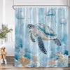 A shower curtain featuring a blue sea turtle and various jellyfish against a light blue background.