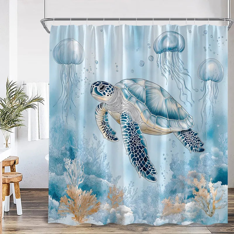 A shower curtain featuring a blue sea turtle and various jellyfish against a light blue background.