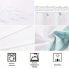 White shower curtain fabric showing texture, folds, and a seahorse and coral reef design.