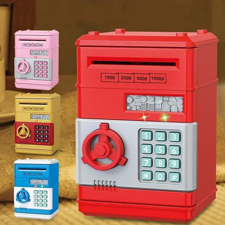 A set of three electronic password piggy banks for kids in pink, yellow, and red colors.