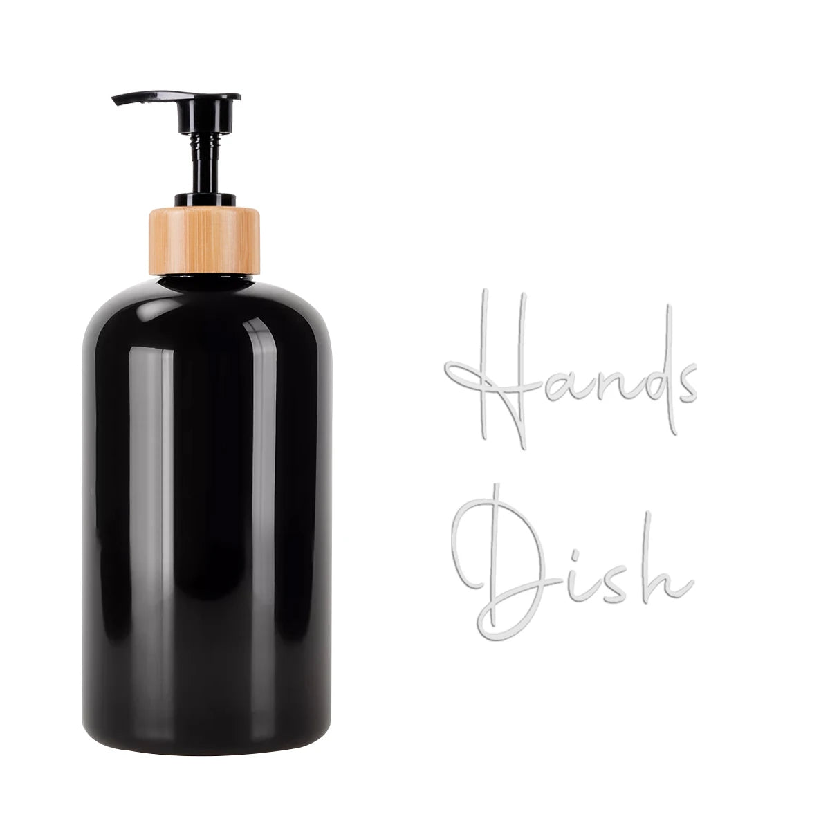 A black refillable hand soap dispenser bottle with a wooden pump top and silver metal tags reading Hands and Dish.