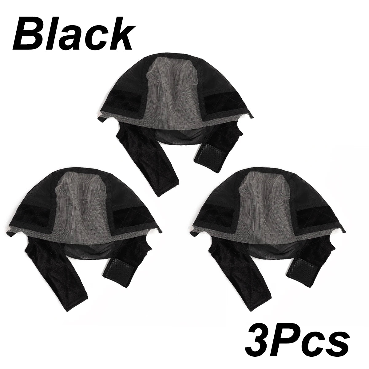 Three black velvet adjustable headband wig caps displayed separately.