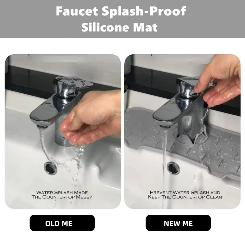 A comparison showing an old faucet dripping water onto a counter and a new silicone mat preventing water splash.