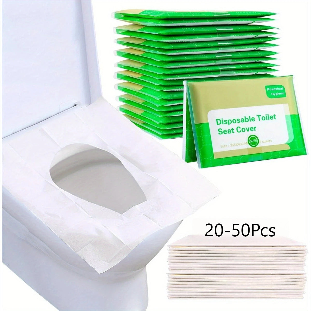 A stack of green disposable toilet seat covers is shown next to a white toilet bowl.