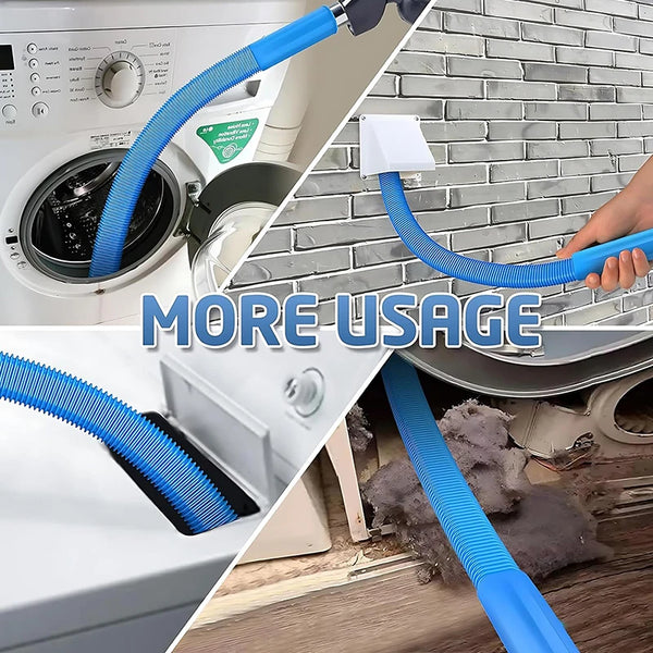 A blue flexible hose attachment for dryer vent cleaning is shown being used on a washing machine.