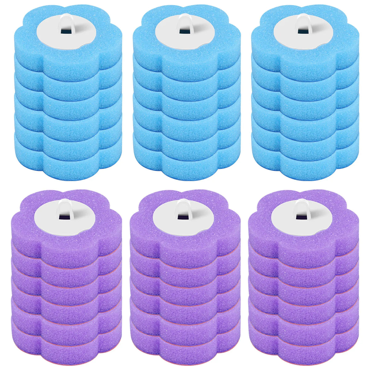 A set of four long-handled disposable toilet brush cleaning kits in light blue and purple.