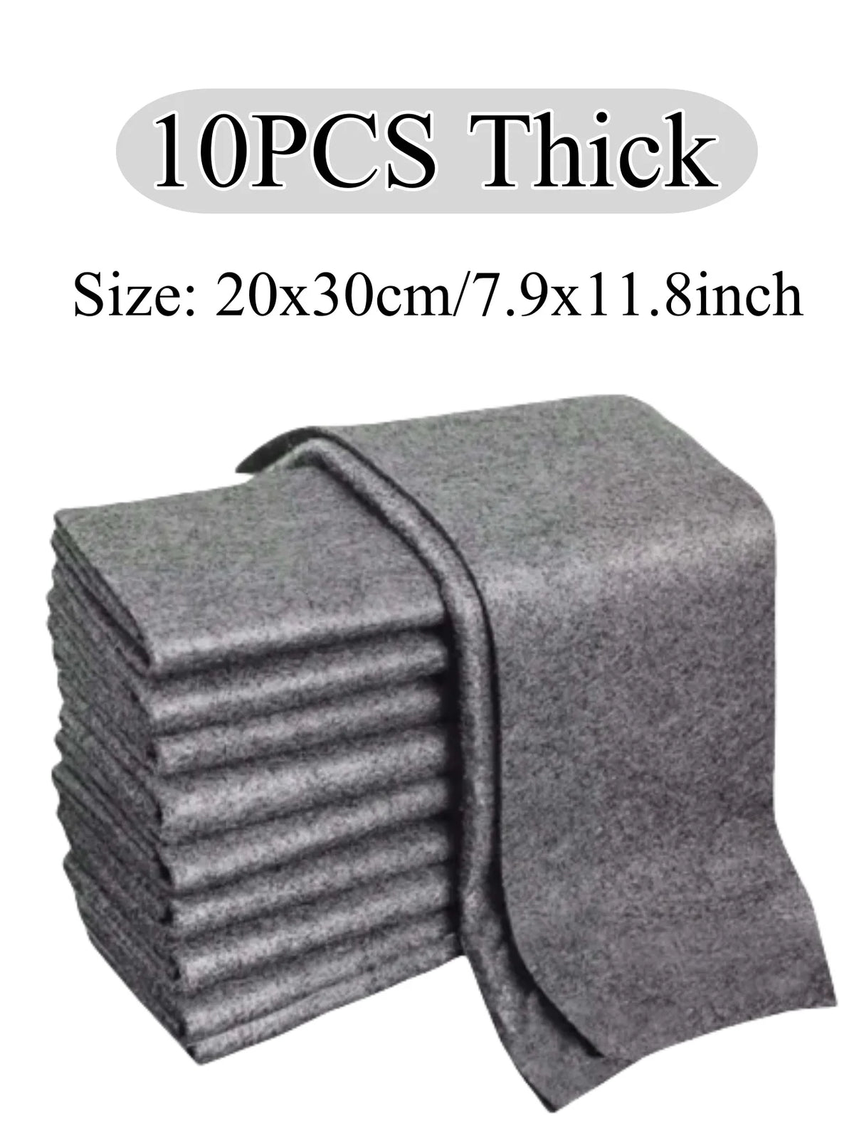 A stack of ten thick gray microfiber cleaning cloths, measuring 20x30cm or 7.9x11.8 inches.