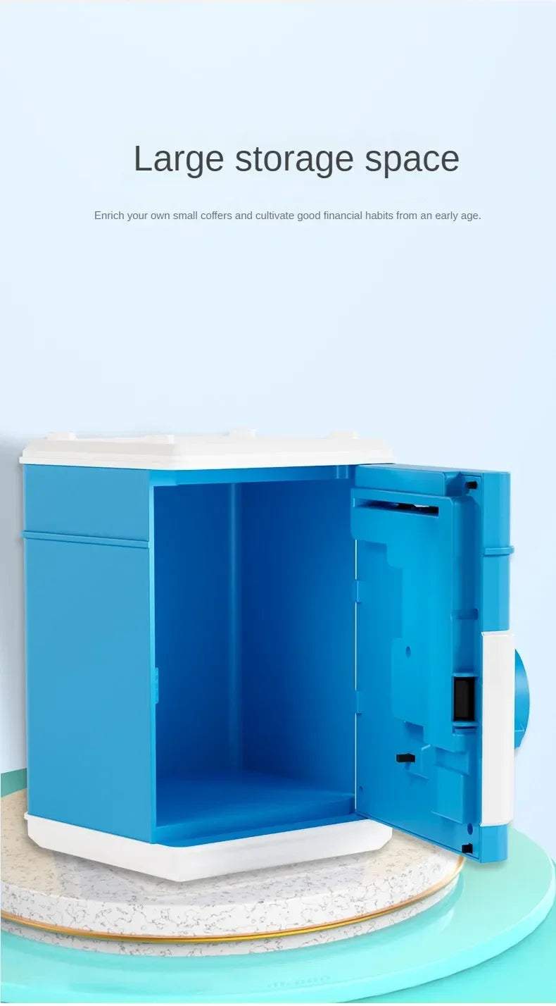 A bright blue electronic password piggy bank with an open compartment and a white lid, displayed on a light surface.