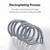 A coil of bright chrome-plated flexible stainless steel shower hose.