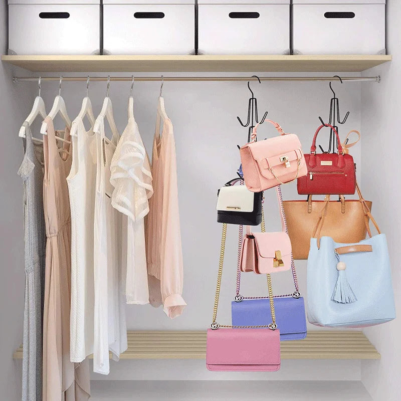 A display of various colored hangers and a collection of pastel-colored bags organized on a shelf.