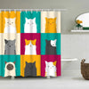 A shower curtain featuring various cute cartoon cats in yellow, white, and gray against a colorful background.