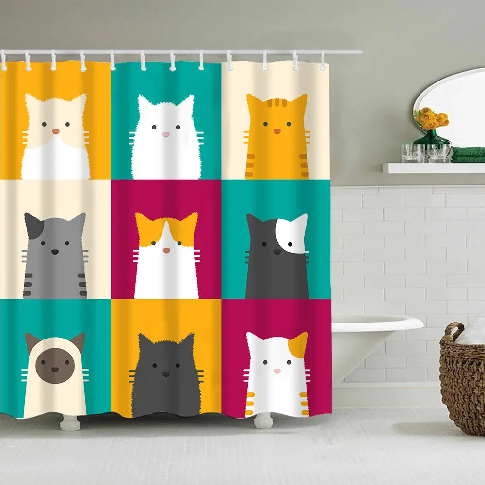 A shower curtain featuring various cute cartoon cats in yellow, white, and gray against a colorful background.