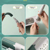 A close-up of an adjustable over-sink dish rack organizer featuring a telescoping design and ventilation details.