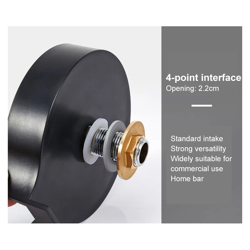 A black high-pressure faucet glass rinser with a 4-point interface and gold accents.