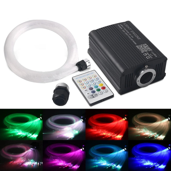 Fiber optic light strips and an LED engine with various colored light patterns