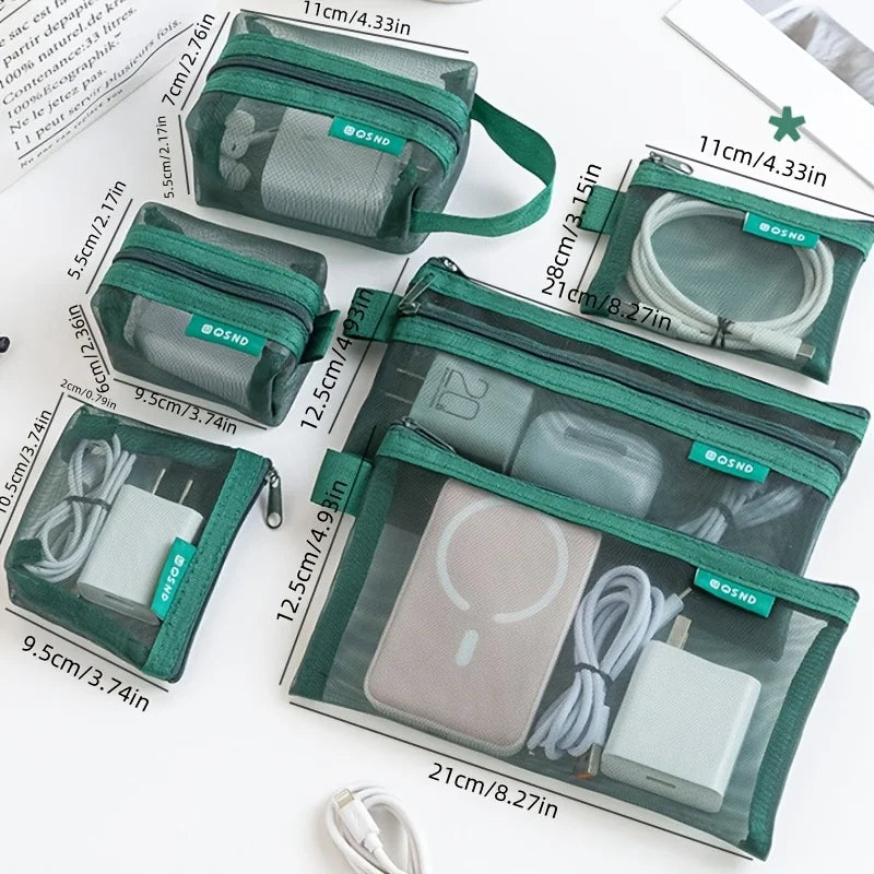 A set of six transparent mesh storage bags in dark green and light gray, showing various electronic accessories inside.