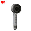A silver high pressure shower head with a textured nozzle and a long metallic body.