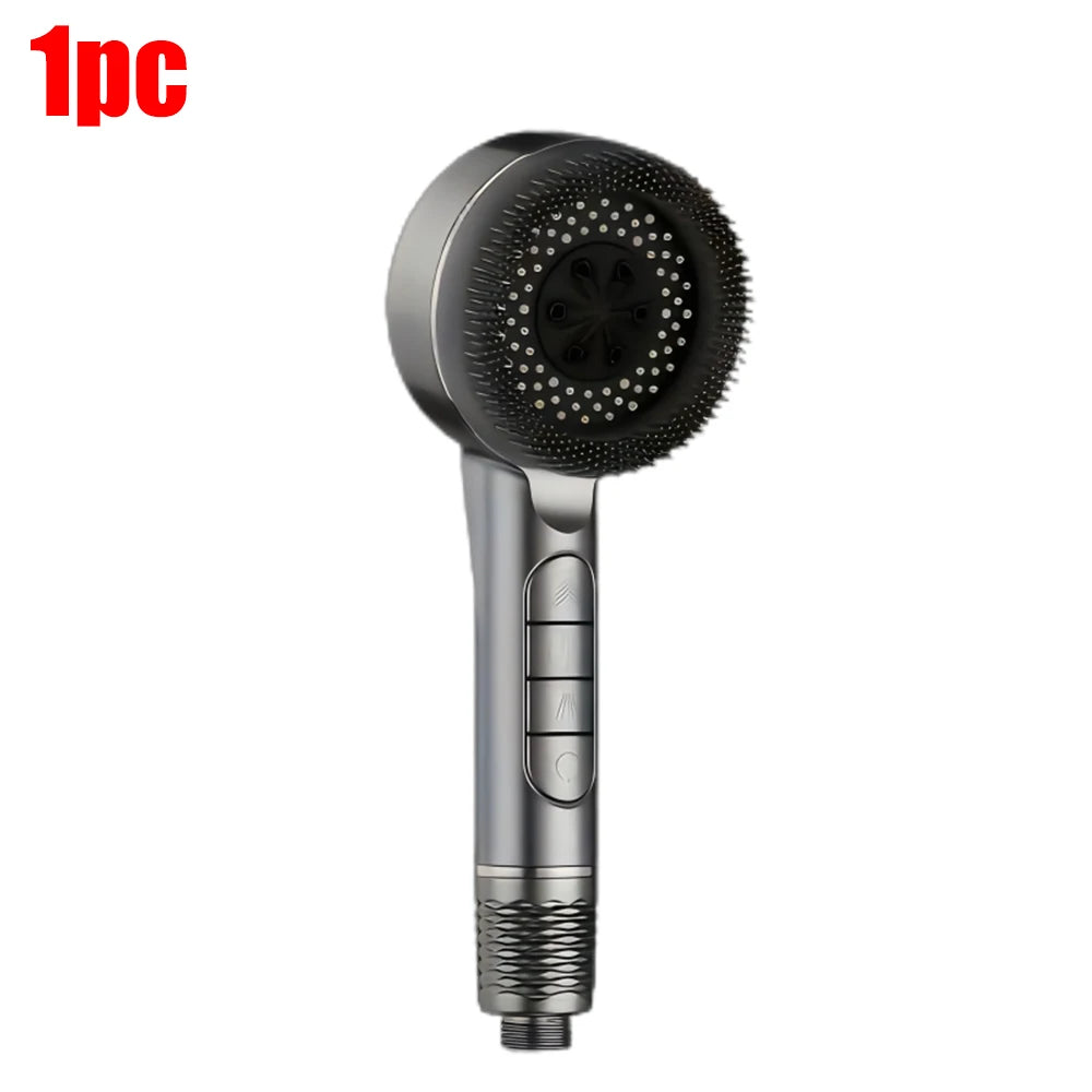 A silver high pressure shower head with a textured nozzle and a long metallic body.