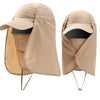 A beige UV protection fishing sun hat shown folded, featuring a wide brim and mesh fabric.