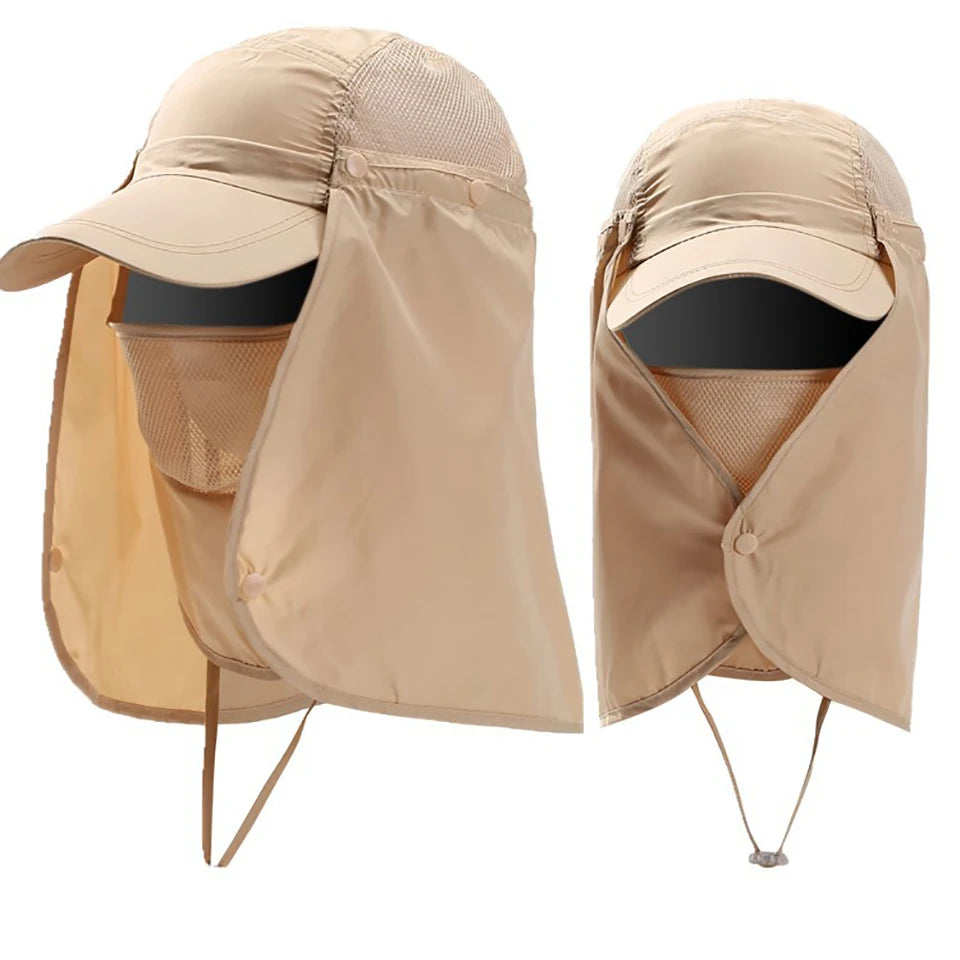 A beige UV protection fishing sun hat shown folded, featuring a wide brim and mesh fabric.