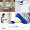 An extendable cleaning duster kit with a blue microfiber head is shown next to a white air conditioner unit and a fluffy blue