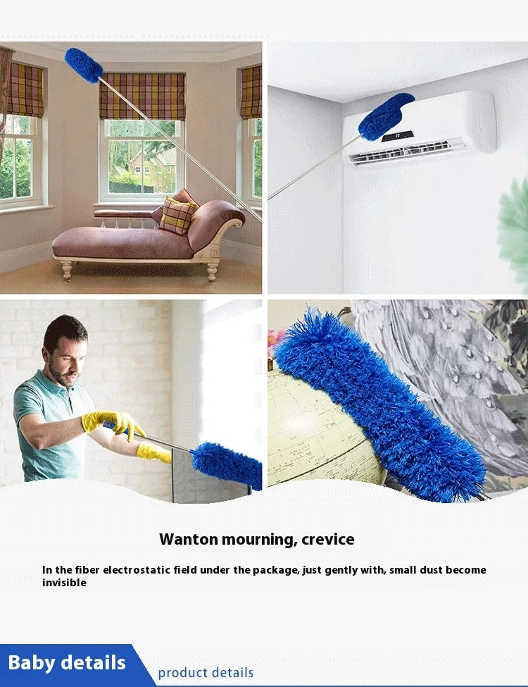 An extendable cleaning duster kit with a blue microfiber head is shown next to a white air conditioner unit and a fluffy blue