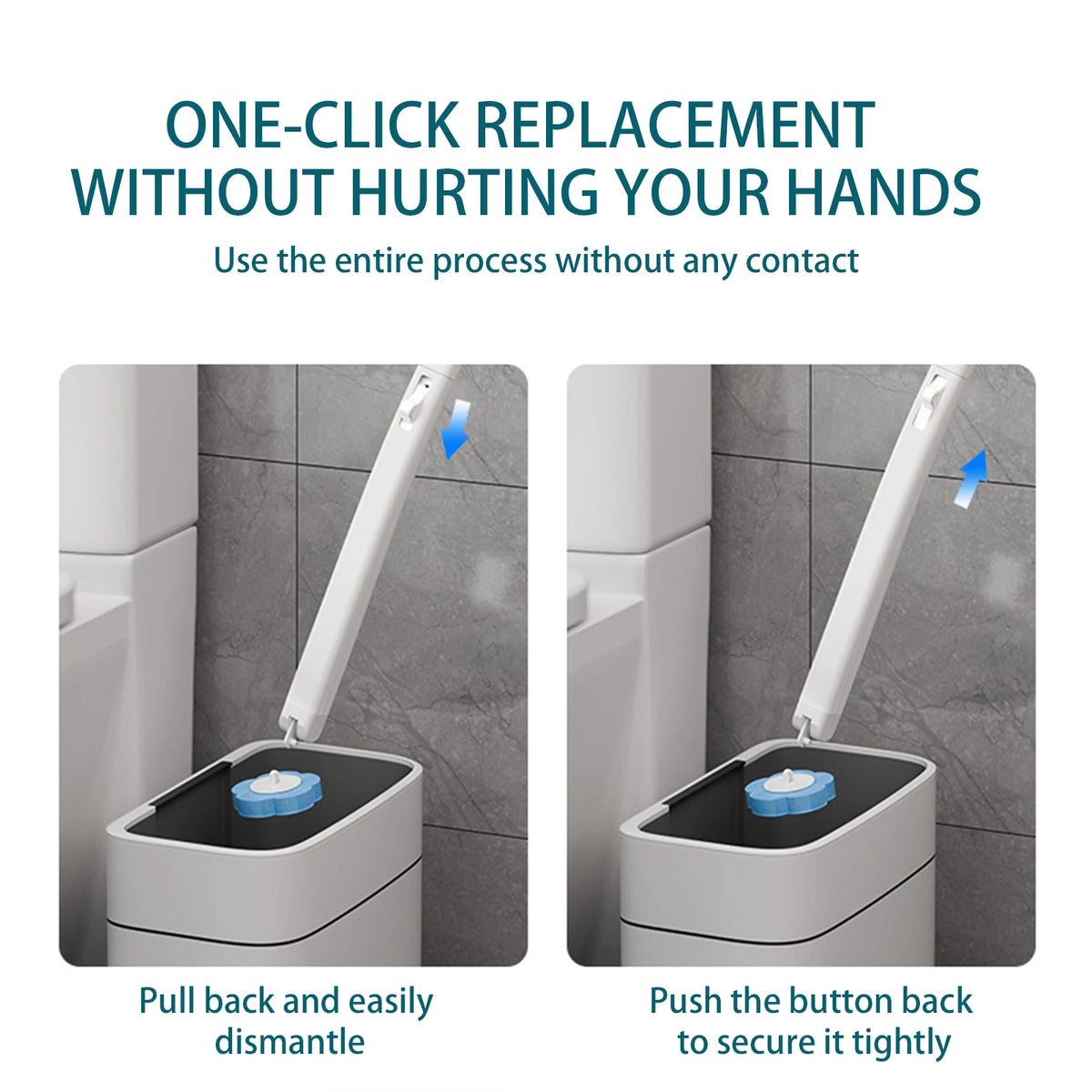 Démonstration du remplacement en un clic d'un kit de brosse pour toilette jetable à fixer au mur.