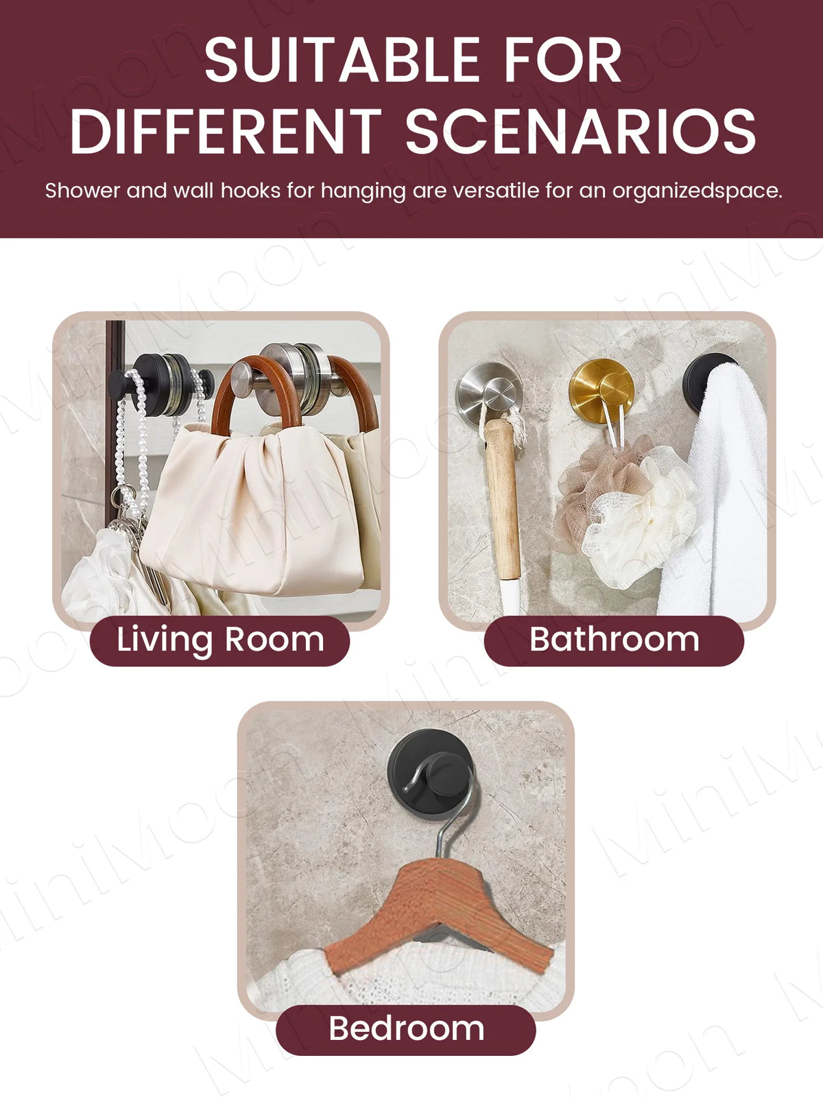 Stainless steel suction cup towel rack hooks for hanging in living room, bathroom, and bedroom