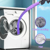 A purple brush is shown inserted into the vent of a white washing machine, with magnified views of cotton wadding and hair.
