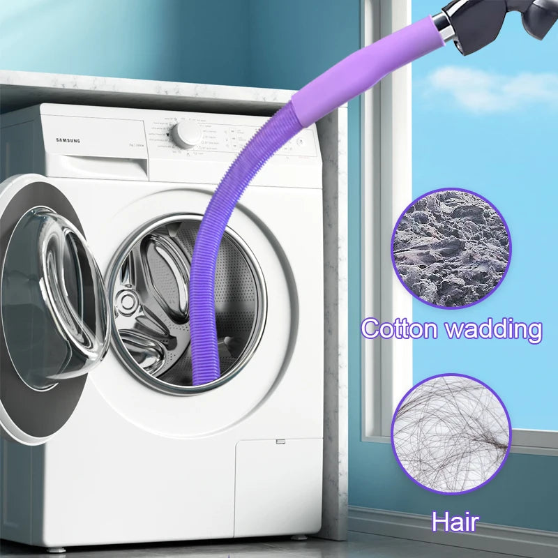 A purple brush is shown inserted into the vent of a white washing machine, demonstrating a tool for dryer vent cleaning.