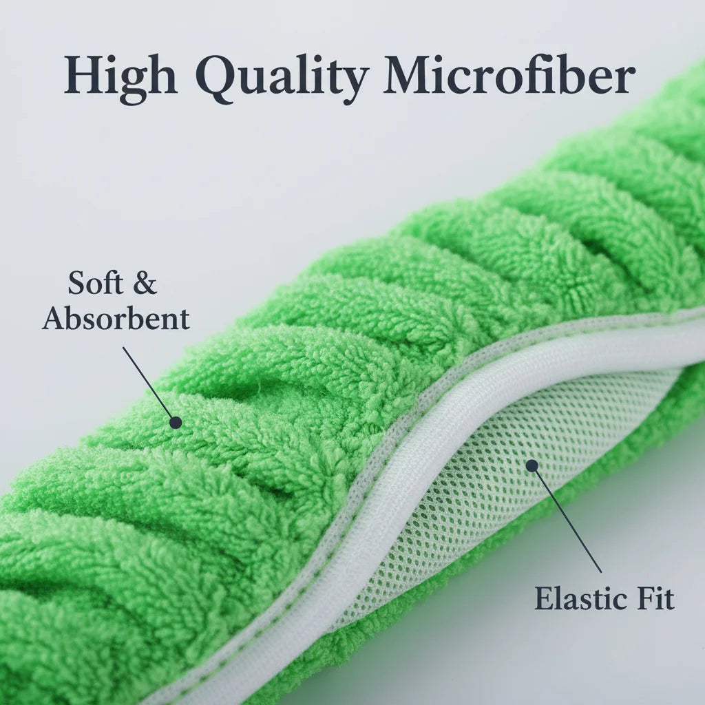 Close-up of a bright green microfiber mop pad showing its soft texture and elastic fit.