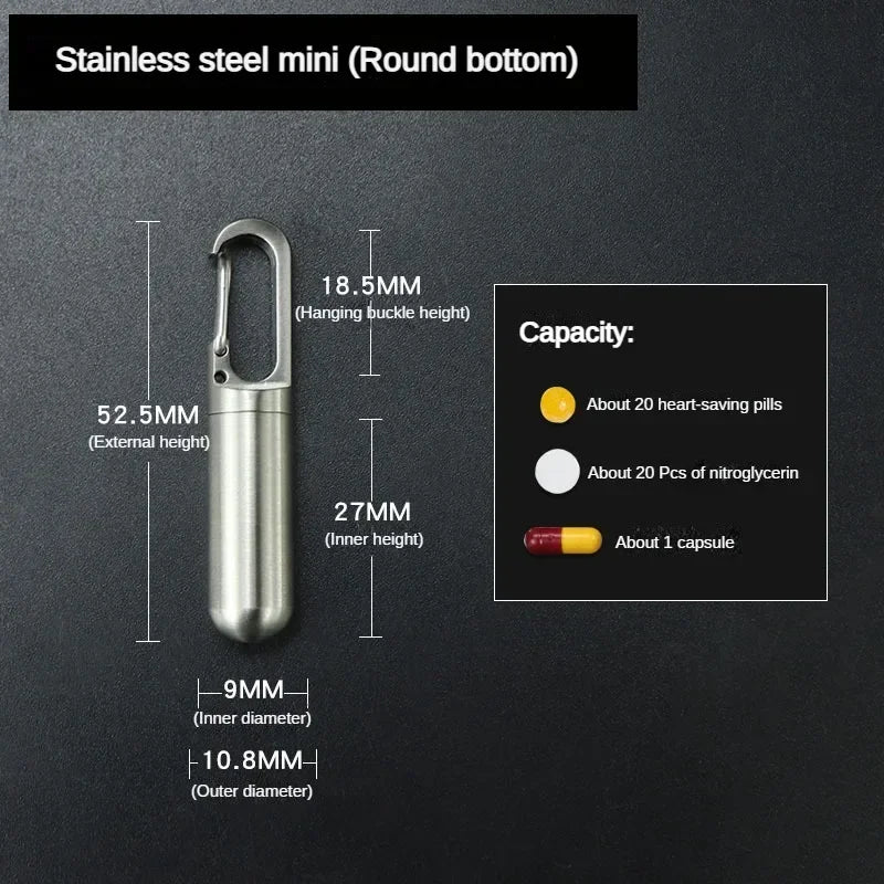 Stainless steel mini pill box with a hanging buckle and capacity for heart-saving pills and nitroglycerin
