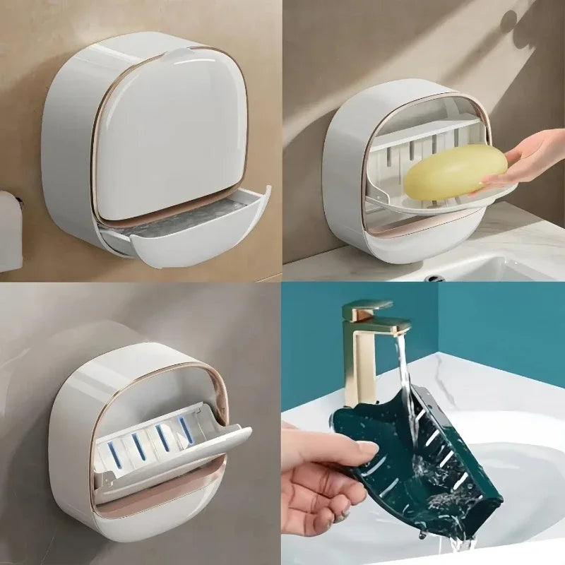 A wall-mounted soap holder with a lid is shown in various angles, including an open view and being used to dispense soap into