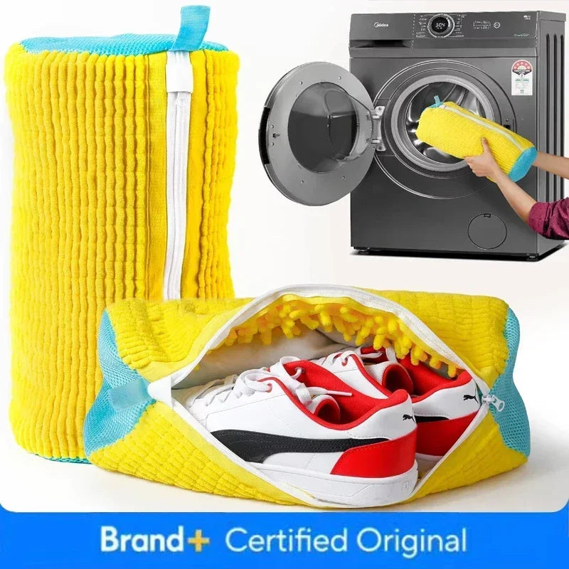 A yellow laundry bag filled with white athletic shoes is shown next to a washing machine.