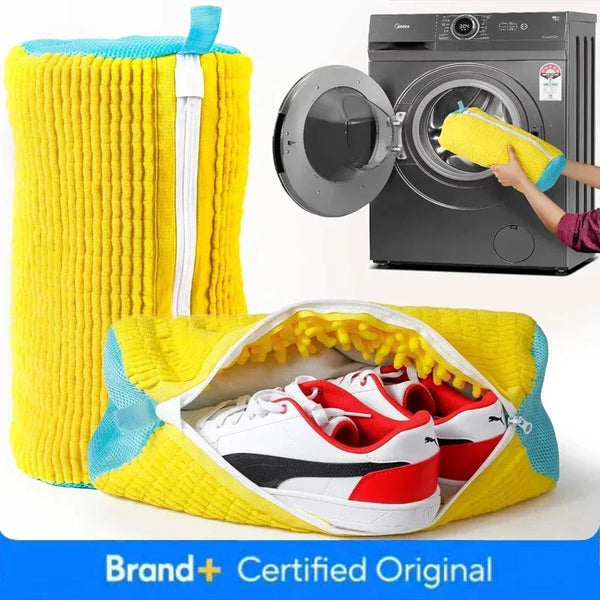 A yellow laundry bag filled with white athletic shoes is shown next to a washing machine.