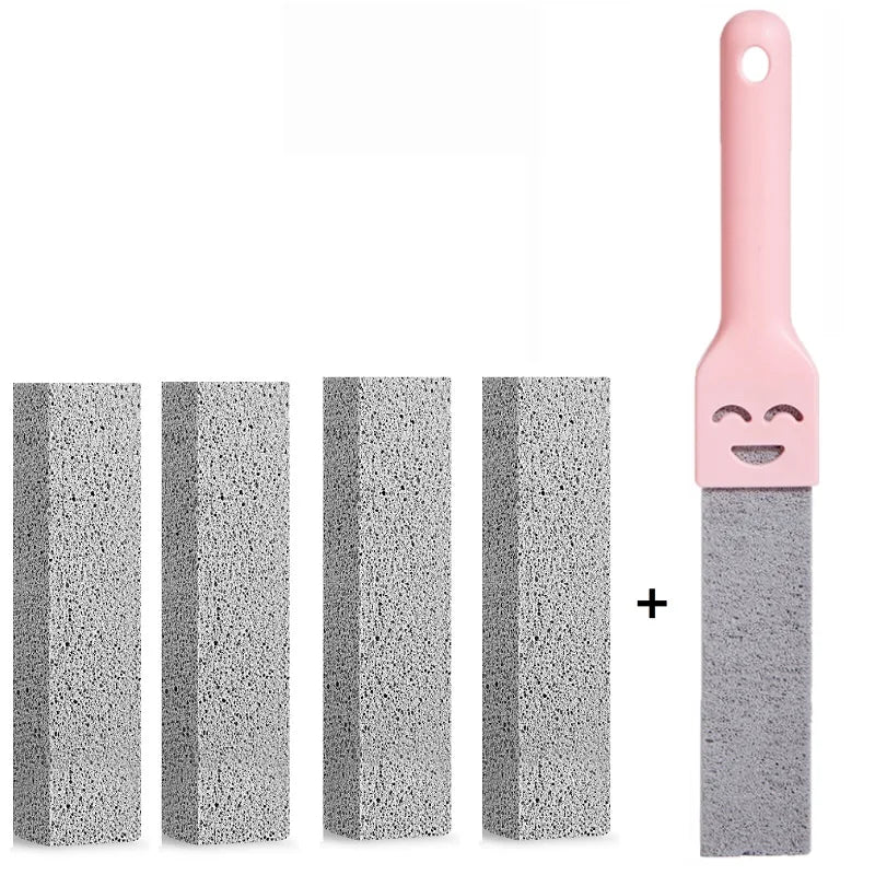 A set of natural pumice cleaning sticks in pink and gray for limescale removal.