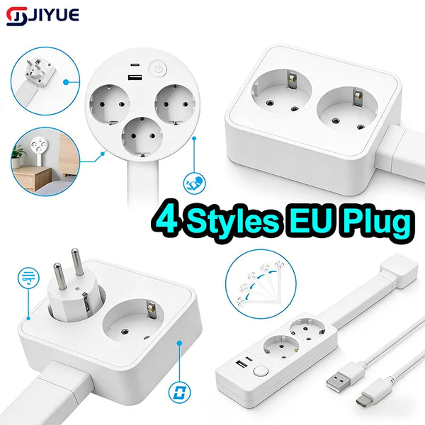 A white rotating electrical power adapter cord extender with multiple EU plug options and a long cord.