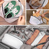 A mesh laundry bag with a zipper is shown holding shoes and delicate items, used for travel.