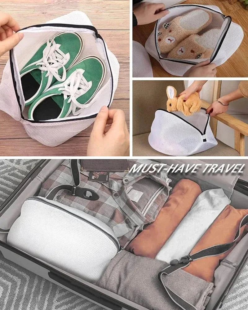 A mesh laundry bag with a zipper is shown holding shoes and delicate items, used for travel.