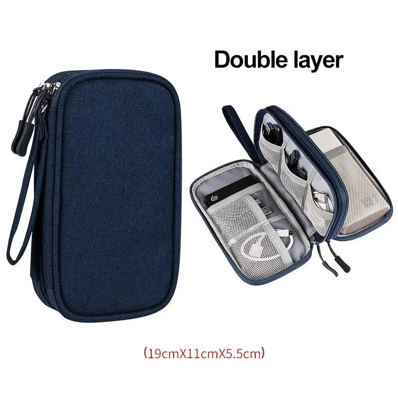 A dark blue double layer storage pouch with a zipper and attached clear mesh pockets.