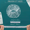 A transparent plastic shower cap is shown in various sizes, including a circular disc and a strip.