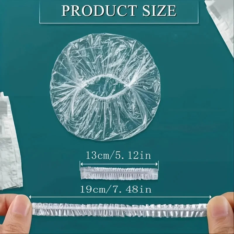 A transparent plastic shower cap is shown in various sizes, including a circular disc and a strip.