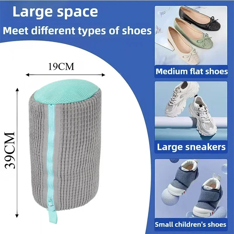 A gray shoe laundry bag with a light green top, shown next to various types of shoes.