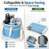 Sac de boisson bleu pliable et économe en place, montré déployé et plié pour le rangement.
