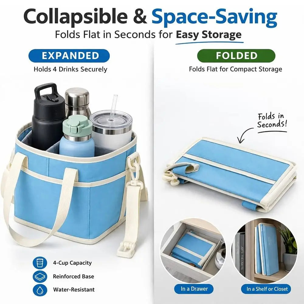 Sac de boisson bleu pliable et économe en place, montré déployé et plié pour le rangement.