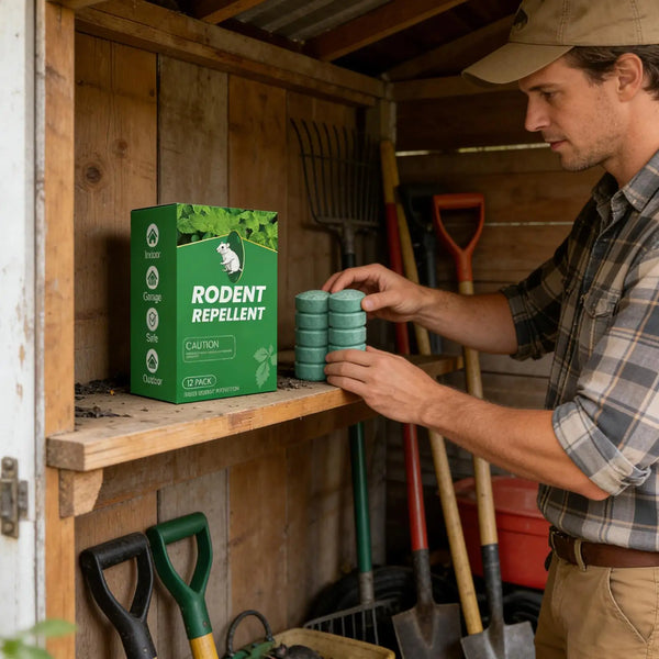 A man is holding green rodent repellent balls in a wooden cabinet filled with gardening tools.