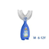Blue silicone U-shaped toothbrush for kids with a clear bristles head