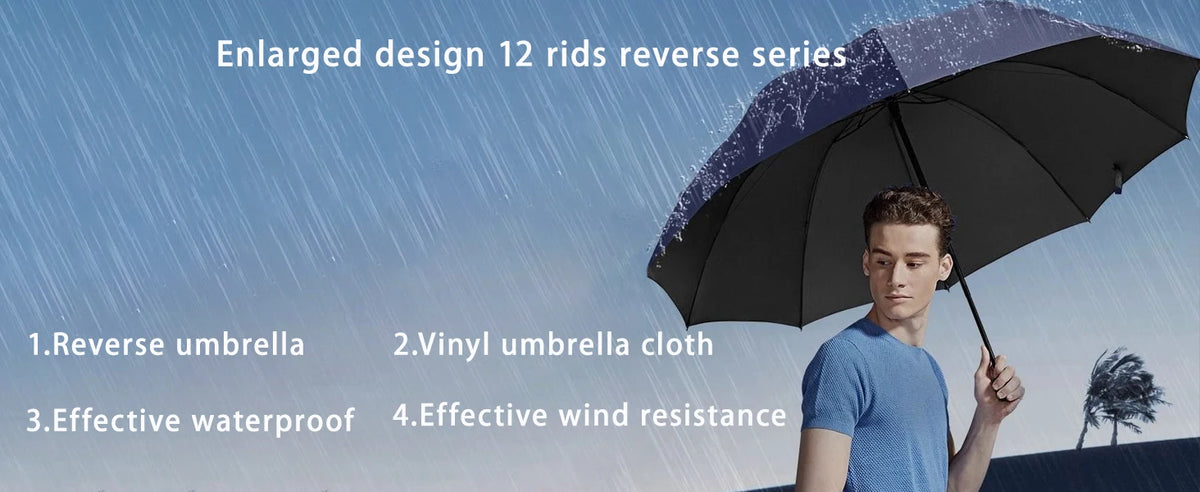 Ein Mann hält einen vergrößerten Entwurf des 12-Rib-Umbrellas der Reverse Series gegen einen blauen Himmel.