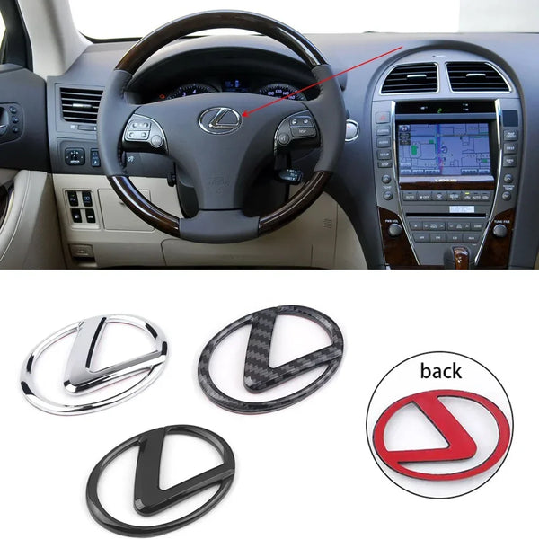Replacement paste for a 3D steering wheel logo, shown in silver, black, and red designs.
